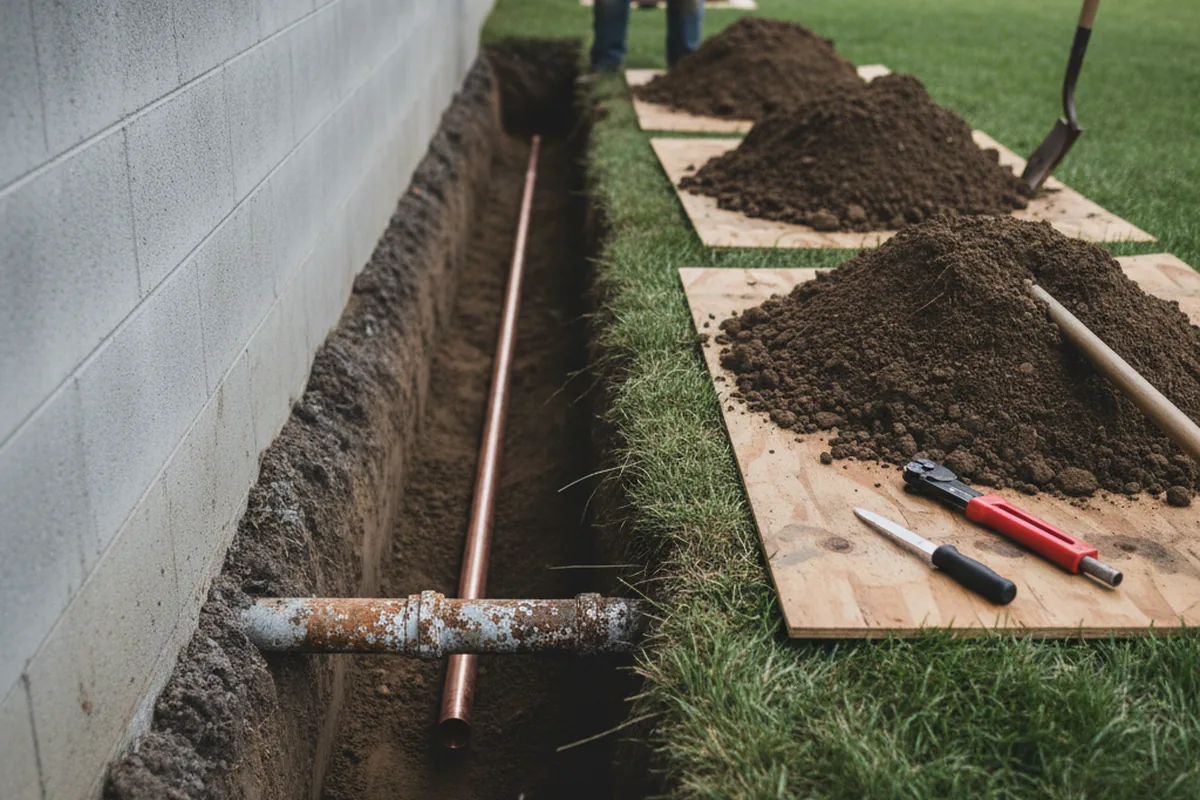 Excavated water line trench during Sewer Line Repair in New Munich